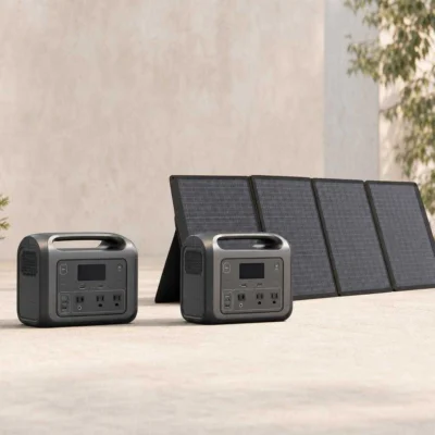 A power station alone next to a power station paired with a solar panel, showing the difference