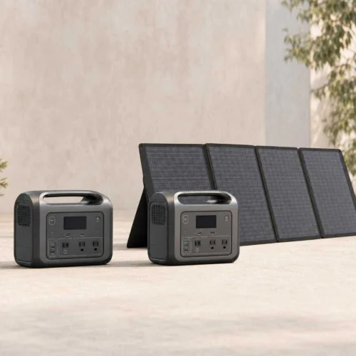 A power station alone next to a power station paired with a solar panel, showing the difference