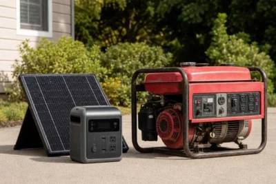A quiet portable solar generator beside a traditional gas generator on a driveway