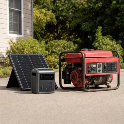 A quiet portable solar generator beside a traditional gas generator on a driveway