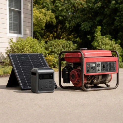 A quiet portable solar generator beside a traditional gas generator on a driveway