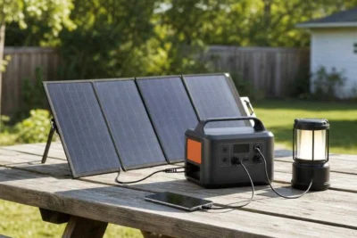 Affordable compact solar generator and small folding panel charging a phone on a picnic table