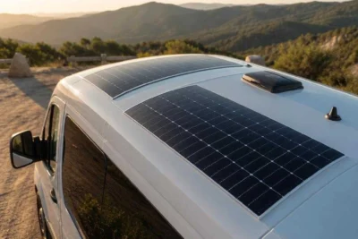 Best flexible solar panels curved flush over a camper van roof in morning sun Filename: best-flexible-solar-panels-featured