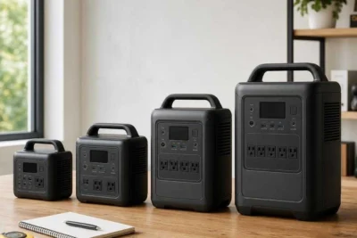 Four solar generators lined up from smallest to largest on a table to compare sizes