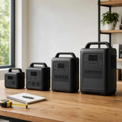 Four solar generators lined up from smallest to largest on a table to compare sizes