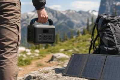 Hand lifting a compact portable solar generator by its handle on a hiking trail