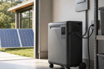 Large wheeled whole-house solar generator in a garage with solar panels outside in daylight