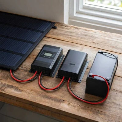 MPPT vs PWM charge controller wired between a solar panel and a 12V battery Filename: mppt-vs-pwm-charge-controller-featured