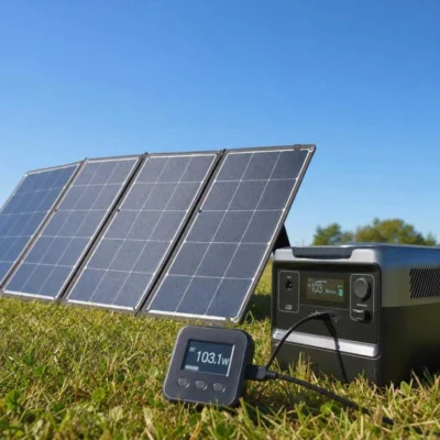 Measuring how much power a solar panel produces with a watt meter in full sun Filename: how-much-power-does-a-solar-panel-produce-featured