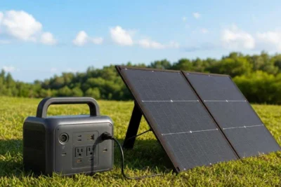 Portable solar generator connected to an unfolded solar panel charging in the sun on a lawn