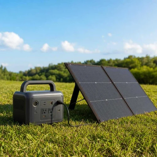 Portable solar generator connected to an unfolded solar panel charging in the sun on a lawn