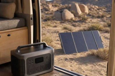 Portable solar generator in a campervan doorway with its solar panel charging outside in the desert