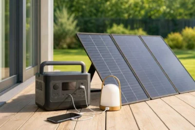 Portable solar generator with a folding solar panel unfolded in the morning sun on a backyard deck