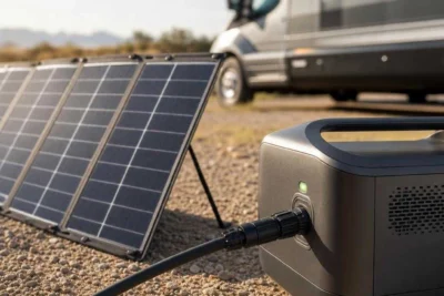 Portable solar panel for power station connected by MC4 cable and charging in sun Filename: portable-solar-panel-for-power-station-featured