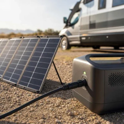 Portable solar panel for power station connected by MC4 cable and charging in sun Filename: portable-solar-panel-for-power-station-featured