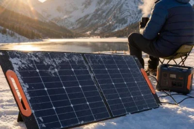 Portable solar panel working in winter sun on snow