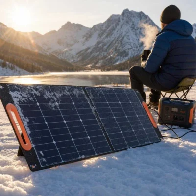 Portable solar panel working in winter sun on snow
