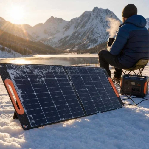 Portable solar panel working in winter sun on snow