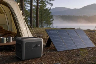 Solar generator and folding solar panel set up beside a tent at a forest campsite at sunrise
