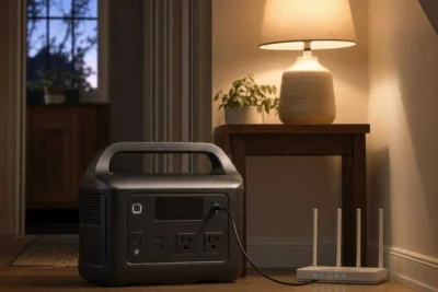Solar generator powering a lamp and Wi-Fi router in a home hallway during a power outage