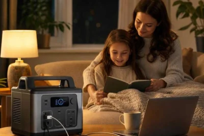 Solar generator powering a warm living-room lamp and laptop during an evening power outage
