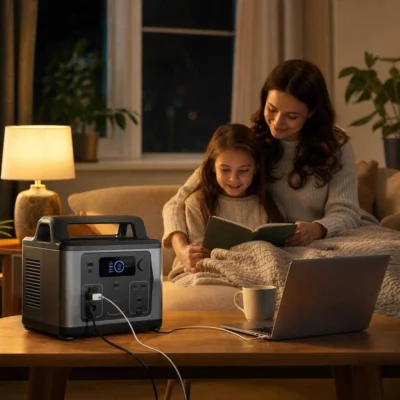 Solar generator powering a warm living-room lamp and laptop during an evening power outage