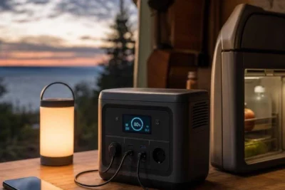 Solar generator with a glowing charge display powering a fridge, lamp, and phone at dusk