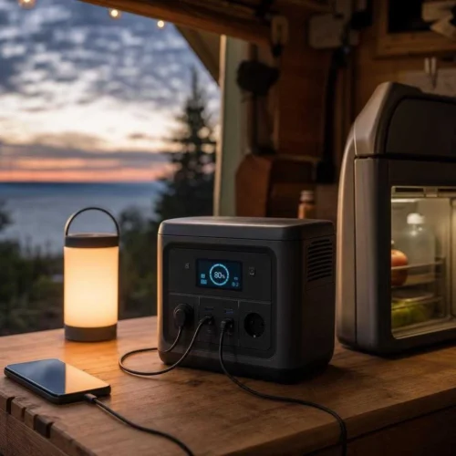 Solar generator with a glowing charge display powering a fridge, lamp, and phone at dusk
