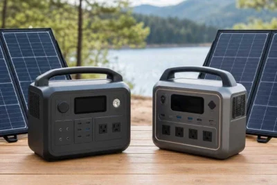 Two 1kWh solar generators positioned side by side on a table for a brand comparison