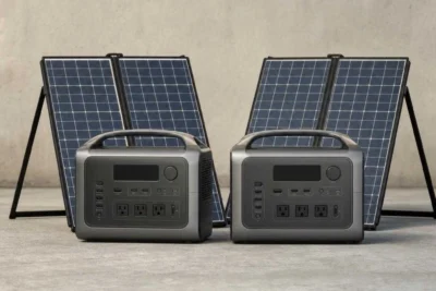 Two mid-size solar generators side by side with folding solar panels in a head-to-head comparison