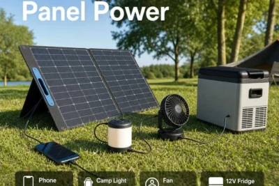 What a 100W solar panel can power — phone, fan, lights, and a 12V fridge