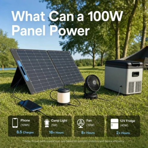 What a 100W solar panel can power — phone, fan, lights, and a 12V fridge