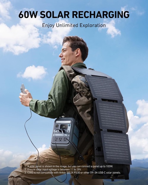 Anker SOLIX C300 + 60W solar panel kit with its solar panel deployed and angled toward the sun