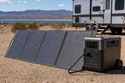 Best 400W solar panels unfolded in full sun charging a large portable power station Filename: best-400w-solar-panels-featured