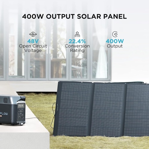 EcoFlow 400W Portable Solar Panel unfolded and set up outdoors in direct sunlight