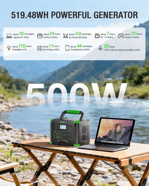 GRECELL 500W solar generator kit power station and solar panel set up outdoors in the sun