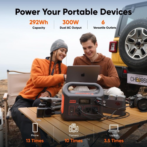 Jackery Solar Generator 300 kit power station and solar panel set up outdoors in the sun