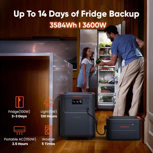 Jackery HomePower 3600 Plus kit power station and solar panel set up outdoors in the sun
