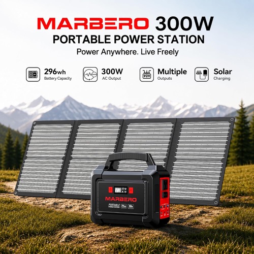Marbero 296Wh solar generator kit front panel display, outlets, and ports shown in close-up