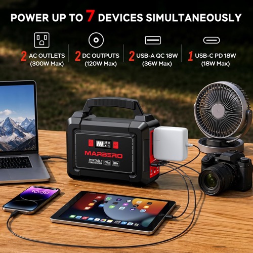 Marbero 296Wh solar generator kit charging devices in a real-world off-grid setup