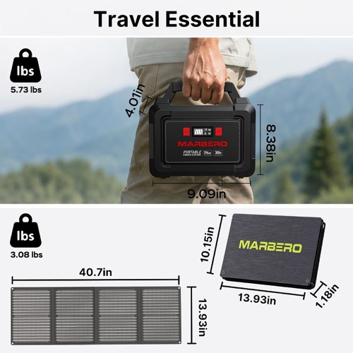 Marbero 296Wh solar generator kit with its solar panel deployed and angled toward the sun