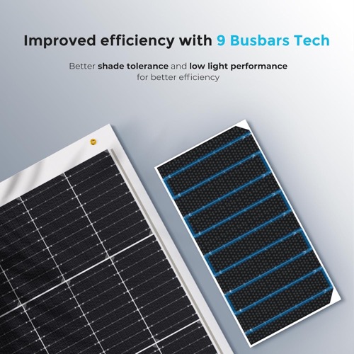 Renogy 100W Flexible Solar Panel deployed on its stand angled toward the sun