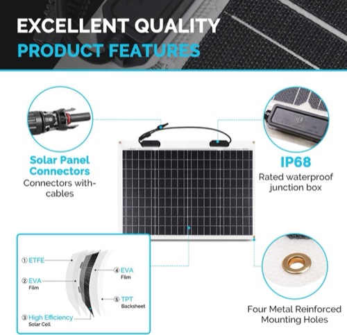 Renogy 50W Flexible Solar Panel deployed on its stand angled toward the sun