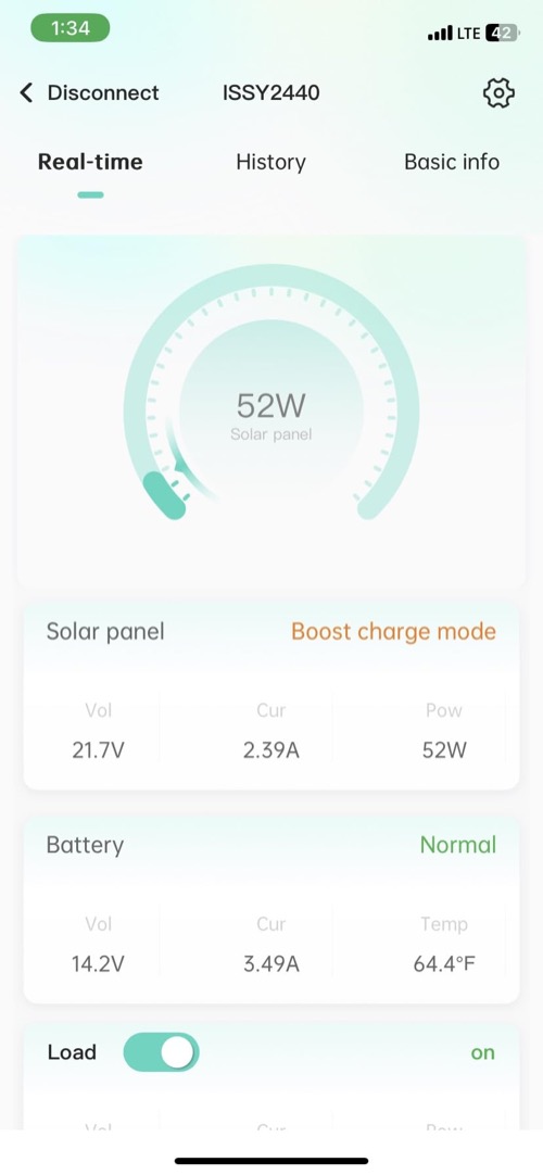 Customer-submitted monitoring screenshot for BougeRV Sunflow 40A MPPT