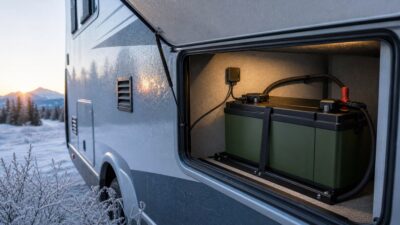 Protected LiFePO4 battery compartment in freezing weather