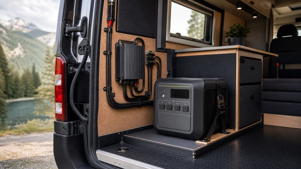 Installed vehicle alternator charger supplying a portable power station