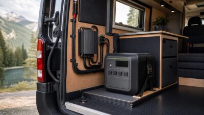 Installed vehicle alternator charger supplying a portable power station
