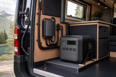 Installed vehicle alternator charger supplying a portable power station