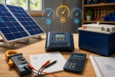 Solar charge controller sizing workbench with solar array, battery, meter, and calculator