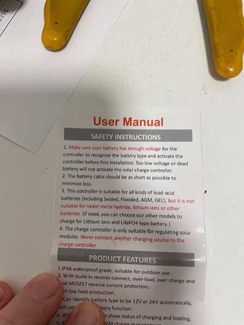 Customer-submitted photo of the HUINE 20A IP68 PWM instruction sheet